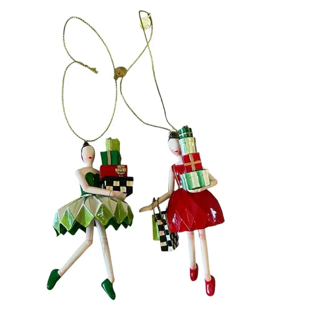 Mackenzie Childs Check It Out Shopper Lady Ornaments, Set of 2